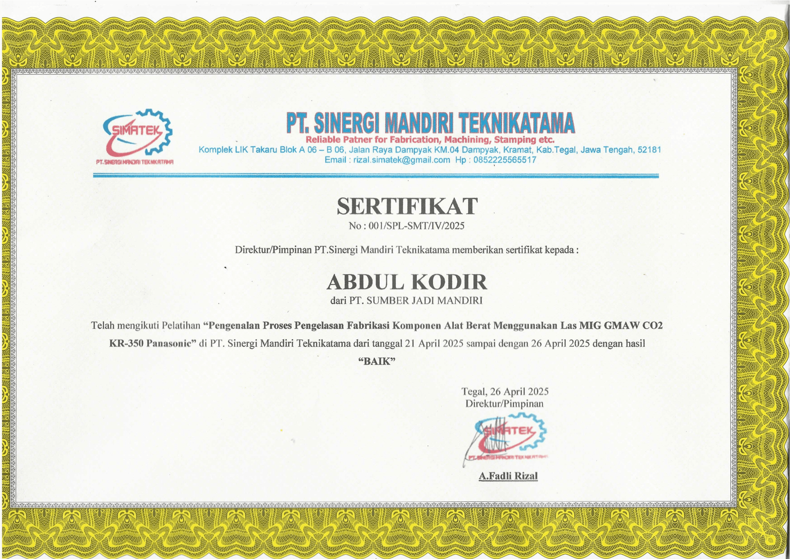 Sertifikat PT. Sumber Jadi Mandiri